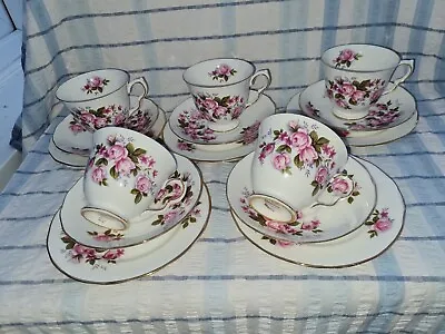 Vintage Queen Anne Pink Roses Bone China Teacups Trios 15 Pce Teaset • £29.99