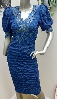 Vintage Blue 80’s Party Dress  Dynasty Theme Fabulous Embellished Lace Dress S • £22