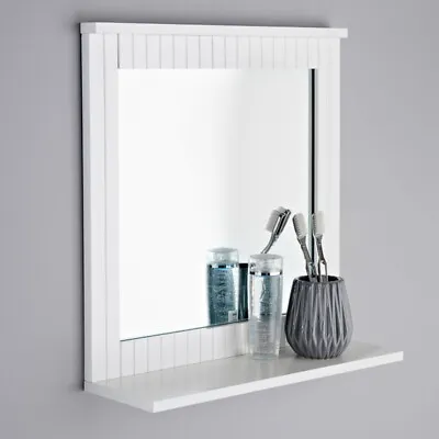 MAINE White Bathroom Wood Frame Mirror Wall Mounted With Cosmetics Shelf • £18.99