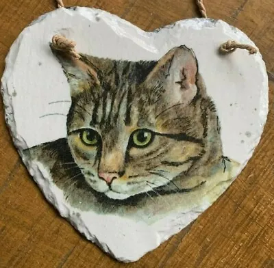 £12.99 • Buy Beautiful Handmade Tabby Cat Wall Hanging Slate Heart
