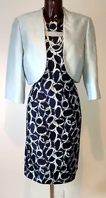 Jacques Vert Navy Blue/light Blue Dress & Bolero Jacket Mother Of Bride Suit 14 • £59.99