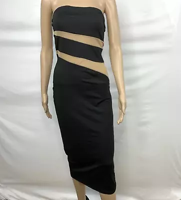 Micas Dress Womens Medium Black Strapless Mesh Cutout Bodycon Midi Stretch New • $15.40