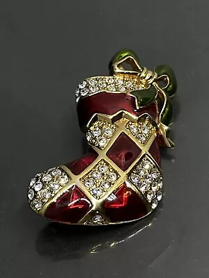 Vintage Monet Brooch Pin Christmas Stocking Red Enamel & Rhinestone Gold Tone✨ • $25