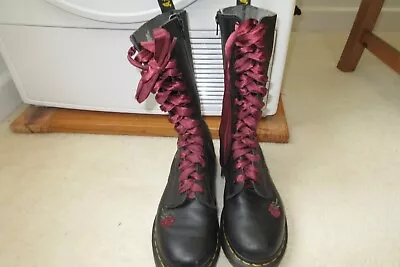 Dr Martens 1914 Vonda Red Roses Floral Black Boots 14 Eye Mid Calf Uk 6 Eu 39 • £99