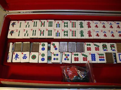 Mint In Case Mahjong Set 152 New Tiles W/ Silver Harringbone NIP Racks • $49.99