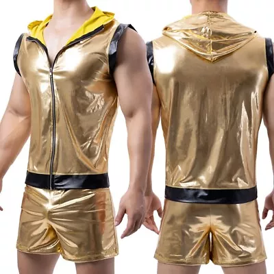 Refined Gold Hooded Men's Leather Tank Top And Shorts Set Captivating Clubwear • £18.71