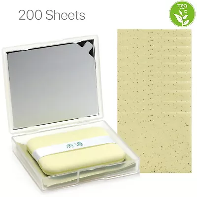 200 Sheets Blotting Paper Oil Face Absorbing Green Tea With Mirror Powder Puff • £16.55