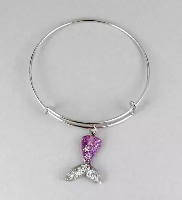 Mermaid Bracelet Purple Tail Fin Bangle Expandable Thin Skinny Bangle Silver • $11.01