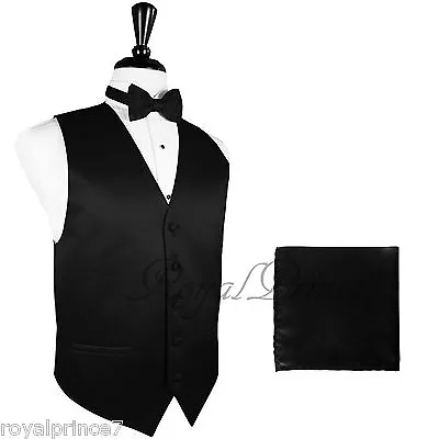 BLACK Solid Tuxedo Suit Dress Vest Waistcoat And Bow Tie Hankie Set Prom Wedding • $21.28