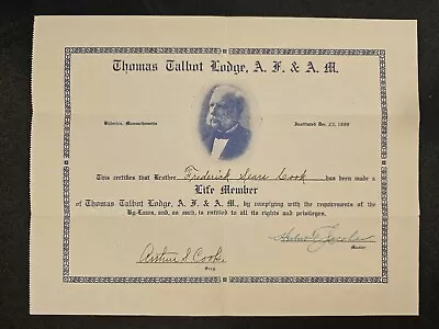 1889 Life Member Certificate Ancient Free & Accepted Masons Thomas Talbot Lodge • $14.70