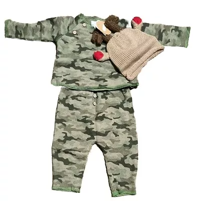 Mud Pie Baby Boys Green Camo Waffle Knit 3 Pc Pant Set W/ Reindeer Hat 0-3 Mos • $32.99