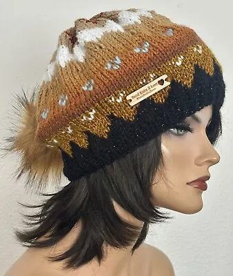 Hand Knits 2 Love Slouch Beanie Hat Beret Fair-isle Faux Fur Pom Pom Designer • $62.10