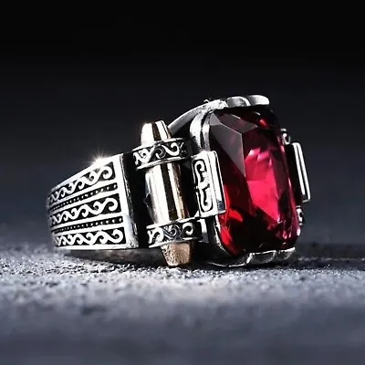 Solid 925 Sterling Silver Turkish Jewelry Garnet Stone Men's Ring All Size #999 • $49