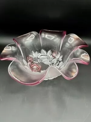 VTG MIKASA ROSELLA HOSTESS BOWL PINK CRYSTAL RUFFLED RIM 4 T X 11.25”w W GERMANY • $12.23