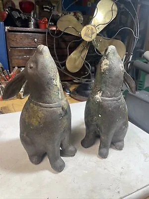 Pair Of Japanese Moon Gazing Rabbits 9  Cast Iron Antique Statue  ULTRA RARE • $580