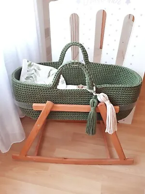 Handmade Baby Bassinet With Stand Green Moses Basket For Girl  Boho Crib For Boy • $132
