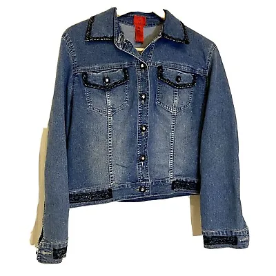 $26 • Buy V Cristina Sz PM Blue Jean Denim Bomber Jacket With Black Lace Flower Detail