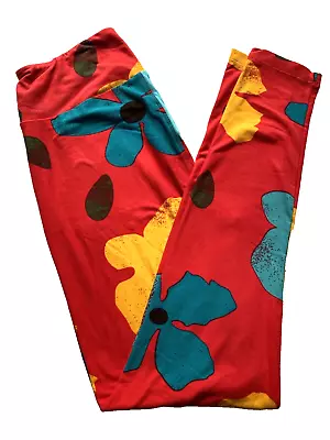 LuLaRoe Leggings Pants OS Floral Flowers Red Art Blue Bold Soft Bright Festive • £12.54