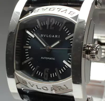 [Exc+5] BVLGARI Assioma AA44S Blue Navy Dial Black Leather Automatic Men's Watch • $1399.97
