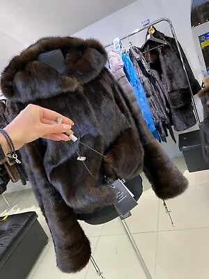 Stylish Mink Fur Coat With Hood Size 2XL Natural Genuine Mink Winter 1109535 • $850