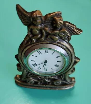 3  Tall Vintage Brass Desk Clock Watch Quartz With Angels Untested Needs Battery • $17