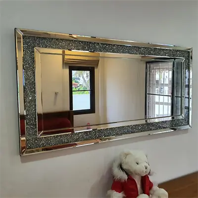 Large Crystal Crush Diamond Rectangle Silver Mirror Wall Hang Frameless Mirror • $159.96