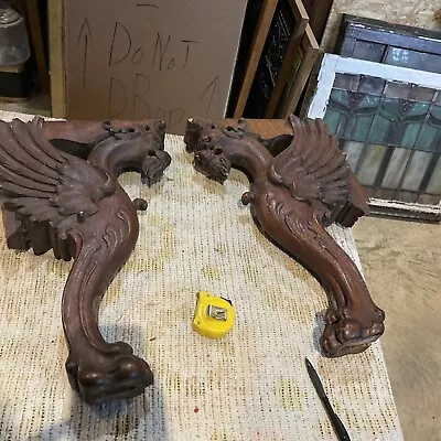 Pair Large Quartersawn Oak Carved Winged Griffin 20.5 X 13 X 4. • $845