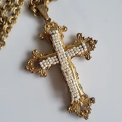 Vintage Miriam Haskell Gold Tone Faux Seed Pearl Cross Pendant Necklace 35  READ • $174.99