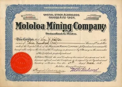 Mololoa Mining Co. - Stock Certificate - Mexican Stocks & Bonds • $30