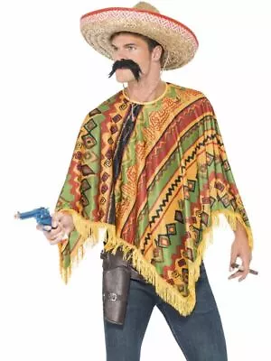 Adults Poncho + Moustache Mexican Bandit Western Fancy Dress Instant Costume Kit • £12.80