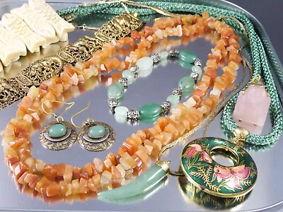 Lot Vintage ASIAN CHINESE BONE CARNELIAN ROSE QUARTZ CLOISONNE JEWELRY • $36.94