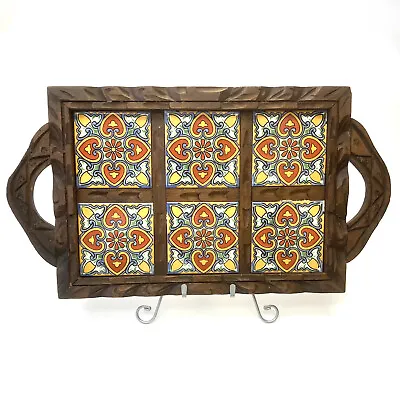 Vintage Large Hand Carved Wood Mexican Tile Rectangular Serving Tray • $45.50