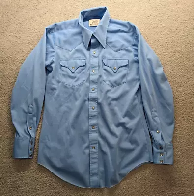 Vintage 70s H Bar C Ranchwear Pearl Snap Shirt Mens -Medium- Blue Long Tail • $34.99