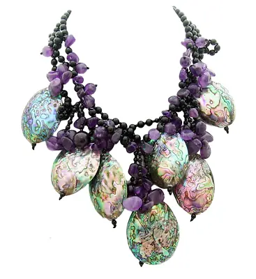 3 Strands Onyx Amethyst Multi Color Abalone Shell Festoon Necklace For Women • $47.02