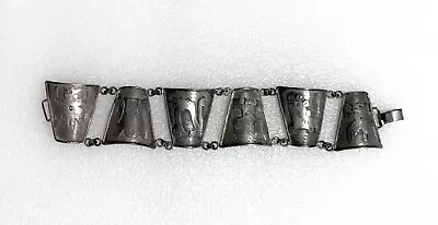 Vintage Ecuador Tribal 900 Silver Bracelet 6 Engraved Panels 6  • $39