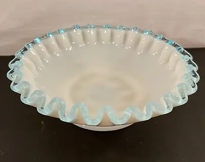 Vintage Fenton Milk Glass Bowl Aqua Crest Ruffle Ribbon Bowl • $26.95