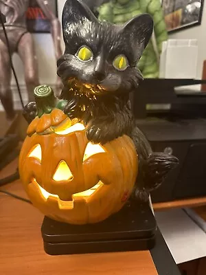 1980's Vintage Halloween Decor Pumpkin Black Cat  Ceramic 10 Inch Lights Up • $71.99