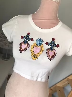 Womens White Mini Crop Top Illustrated People Indie Small Embroidered Urban • £4.99