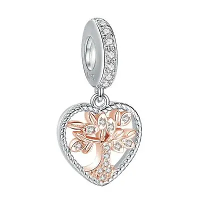 $32 • Buy FAMILY TREE HEART ROSE GOLD S925 Sterling Silver Charm By Charm Heaven 