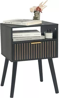 MaxSmeo Black Nightstand With Drawer Mid Century Modern Bedside Table  Black • $53.98