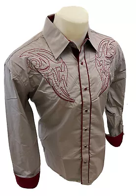 Mens RODEO WESTERN GRAY BURGUNDY TRIBAL STITCH SNAP UP Shirt Cowboy 06660 NWT • $19.99