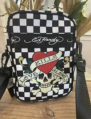 New Ed Hardy Black & White Check Nylon Crossbody Bag Skull & Heart • $34