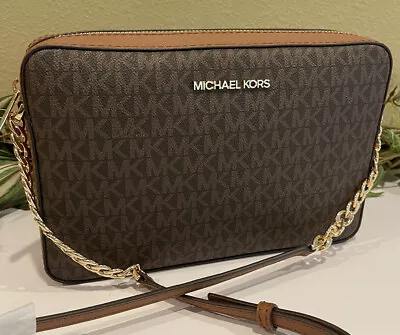 Michael Kors Jet Set Large Zip Ew Crossbody Bag Shoulder Mk Brown Signature Logo • $78.99