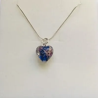 Stunning Cobalt Murano Glass Heart Pendant On A 925 Silver Chain & Flower.-) • £4.99