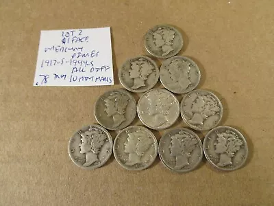 $1 Face~Mercury Dimes~1917s-1944s~10 MintMarks~90% Silver~.78 Tr~FreeShip~Lot 2! • $22.87