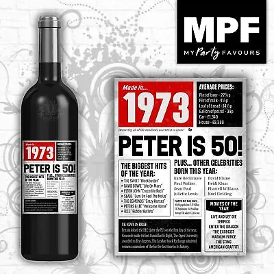 £3 • Buy Personalised 1973 50th Birthday Wine Gin Vodka Bottle Label - Tabloid