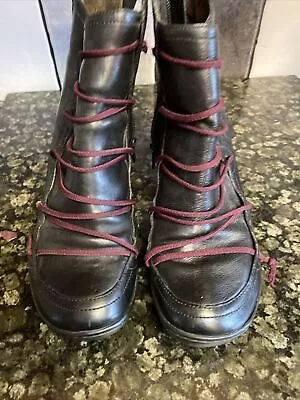 Ladies Camper Peu Boots Black Size 6 Burgundy Laced With Side Zip Vgc • £24.99