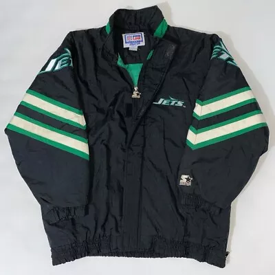 Vintage Starter New York Jets Full Zip Puffer Jacket Size L Black Green Quilted • $200