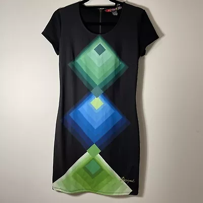 Desigual Sz M Geometric Print Stretch Dress Embroidered Logo Back Zip Round Neck • $35