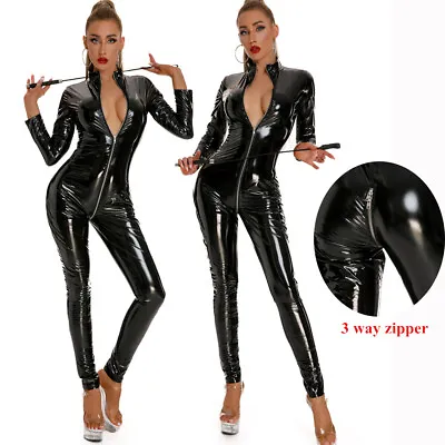 £26.39 • Buy Ladies Faux Leather PVC Catsuit Jumpsuit Wetlook Bodysuit Zipper Crotch Clubwear